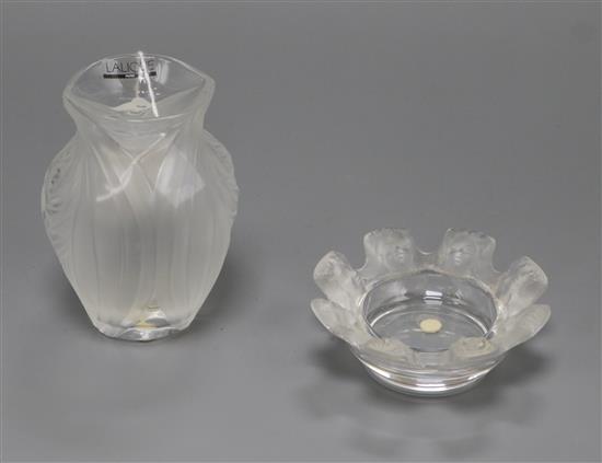 A Lalique vase, boxed, and an apostle tray vase height 12.5cm